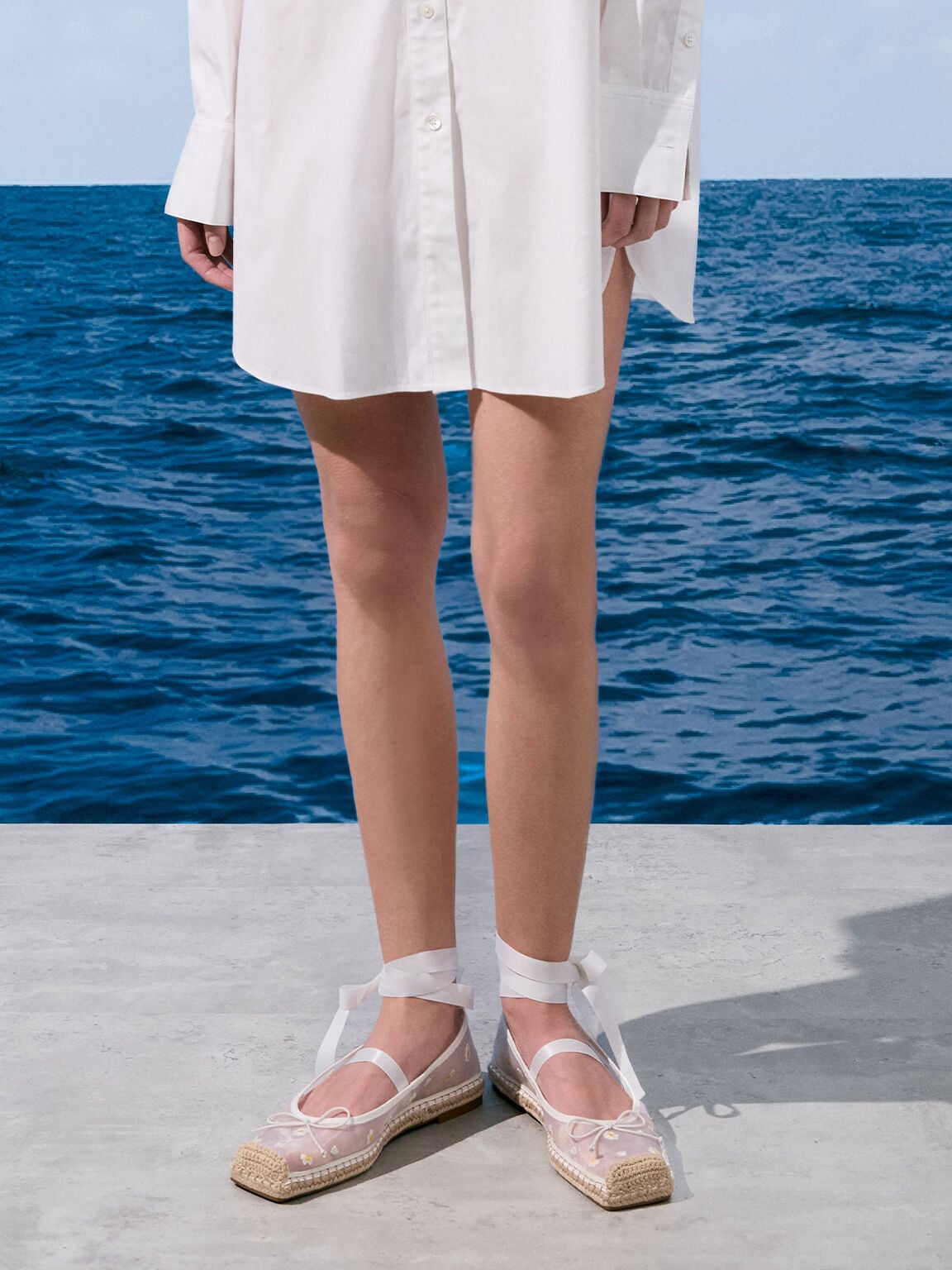 Bernadine Mesh Flower Espadrille Flats - White | CHARLES & KEITH