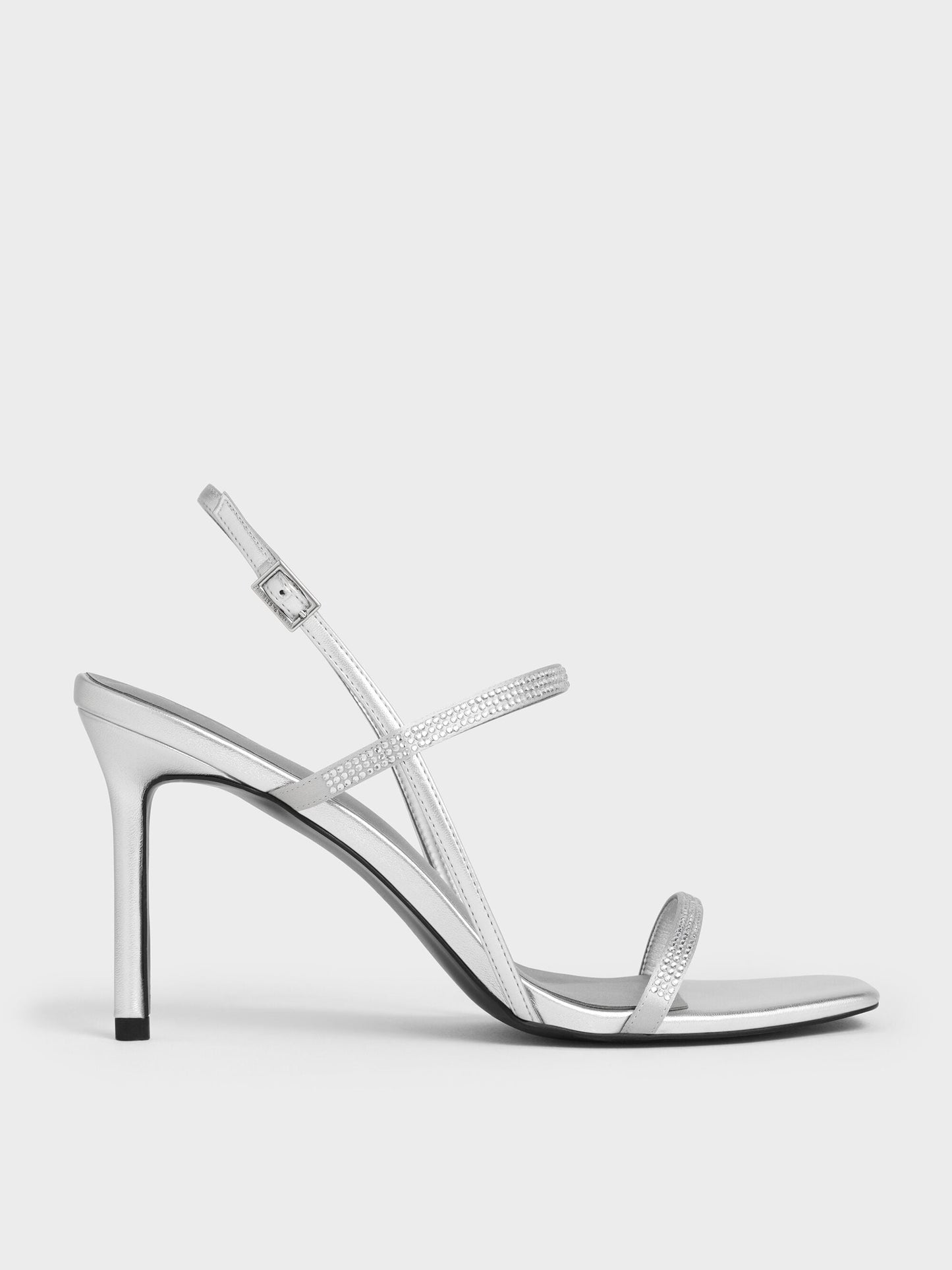 Arona Metallic Crystal Stiletto Sandals - Silver | CHARLES & KEITH