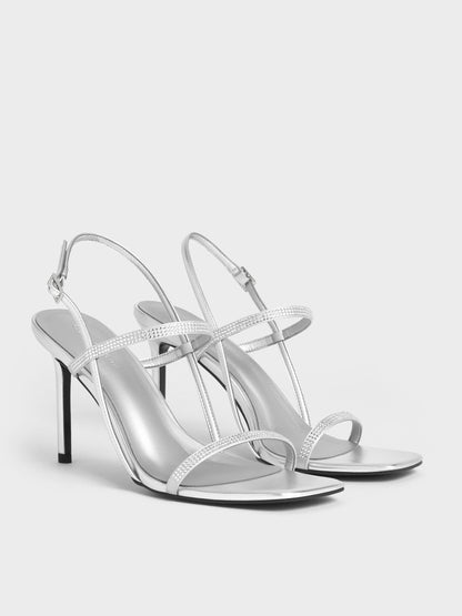 Arona Metallic Crystal Stiletto Sandals - Silver | CHARLES & KEITH