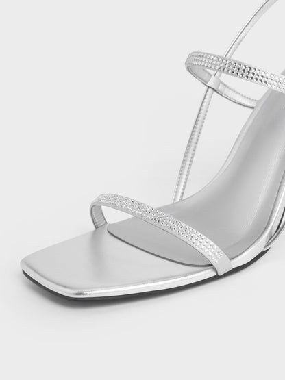 Arona Metallic Crystal Stiletto Sandals - Silver | CHARLES & KEITH
