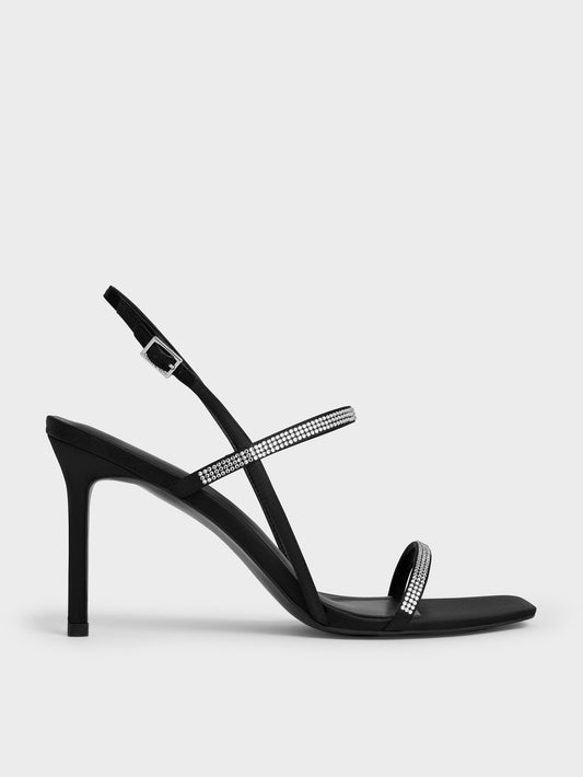 Arona Satin Crystal Stiletto Sandals - Black Textured | CHARLES & KEITH