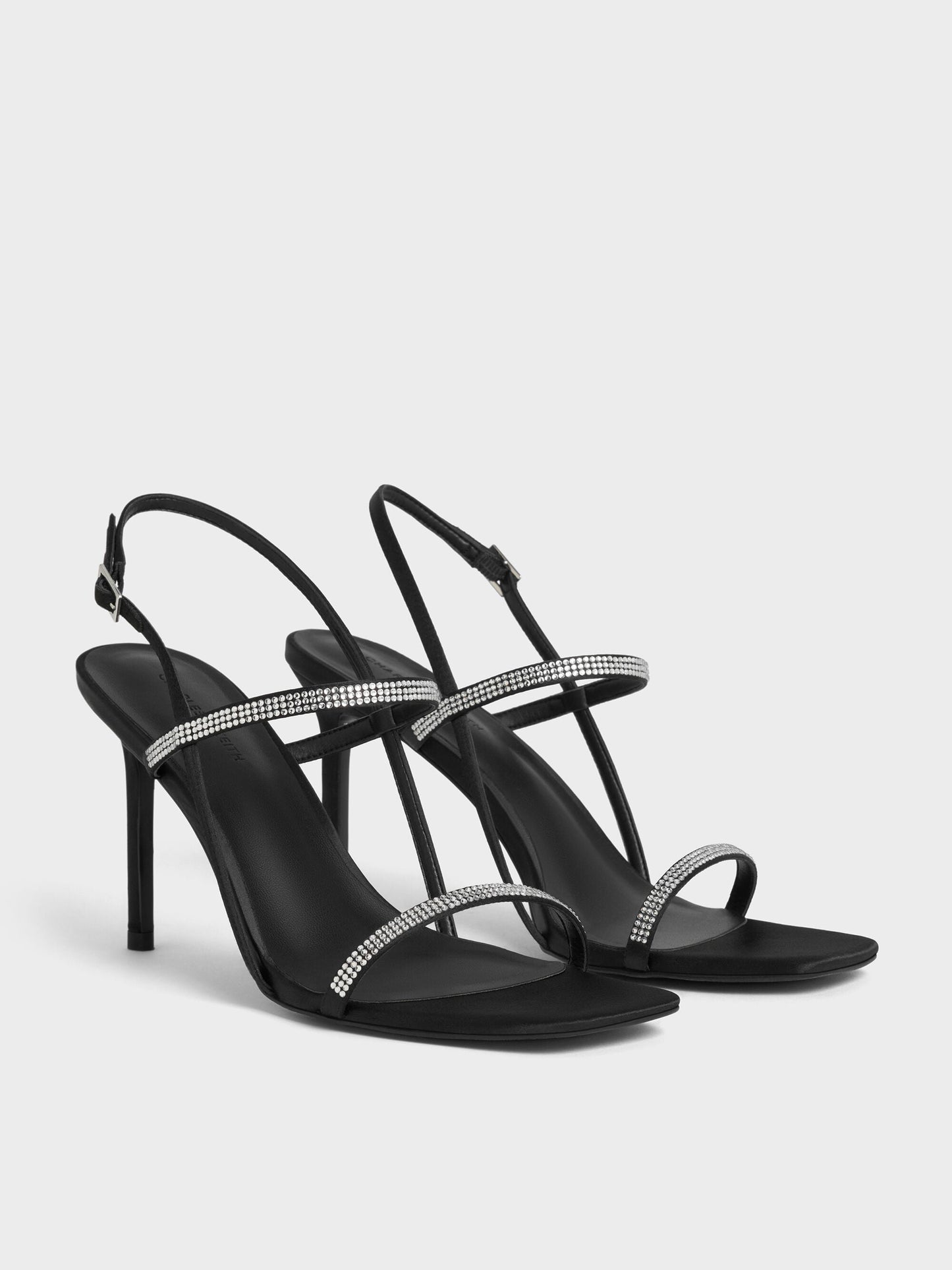 Arona Satin Crystal Stiletto Sandals - Black Textured | CHARLES & KEITH