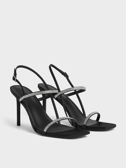 Arona Satin Crystal Stiletto Sandals - Black Textured | CHARLES & KEITH