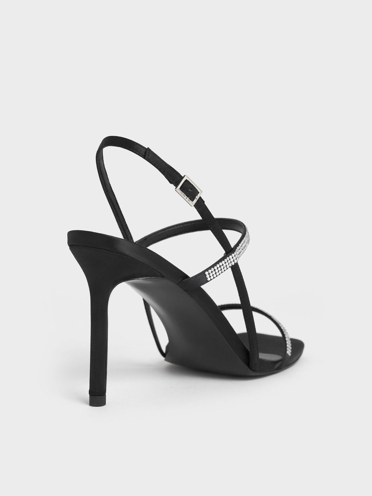 Arona Satin Crystal Stiletto Sandals - Black Textured | CHARLES & KEITH