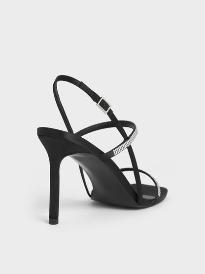 Arona Satin Crystal Stiletto Sandals - Black Textured | CHARLES & KEITH