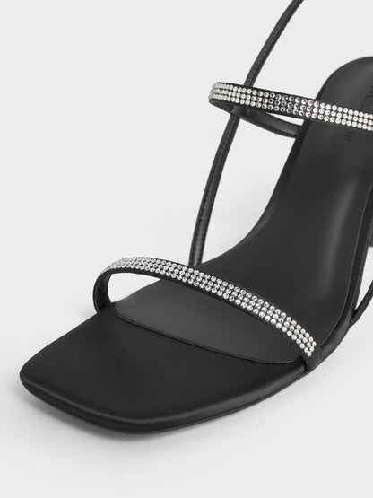 Arona Satin Crystal Stiletto Sandals - Black Textured | CHARLES & KEITH