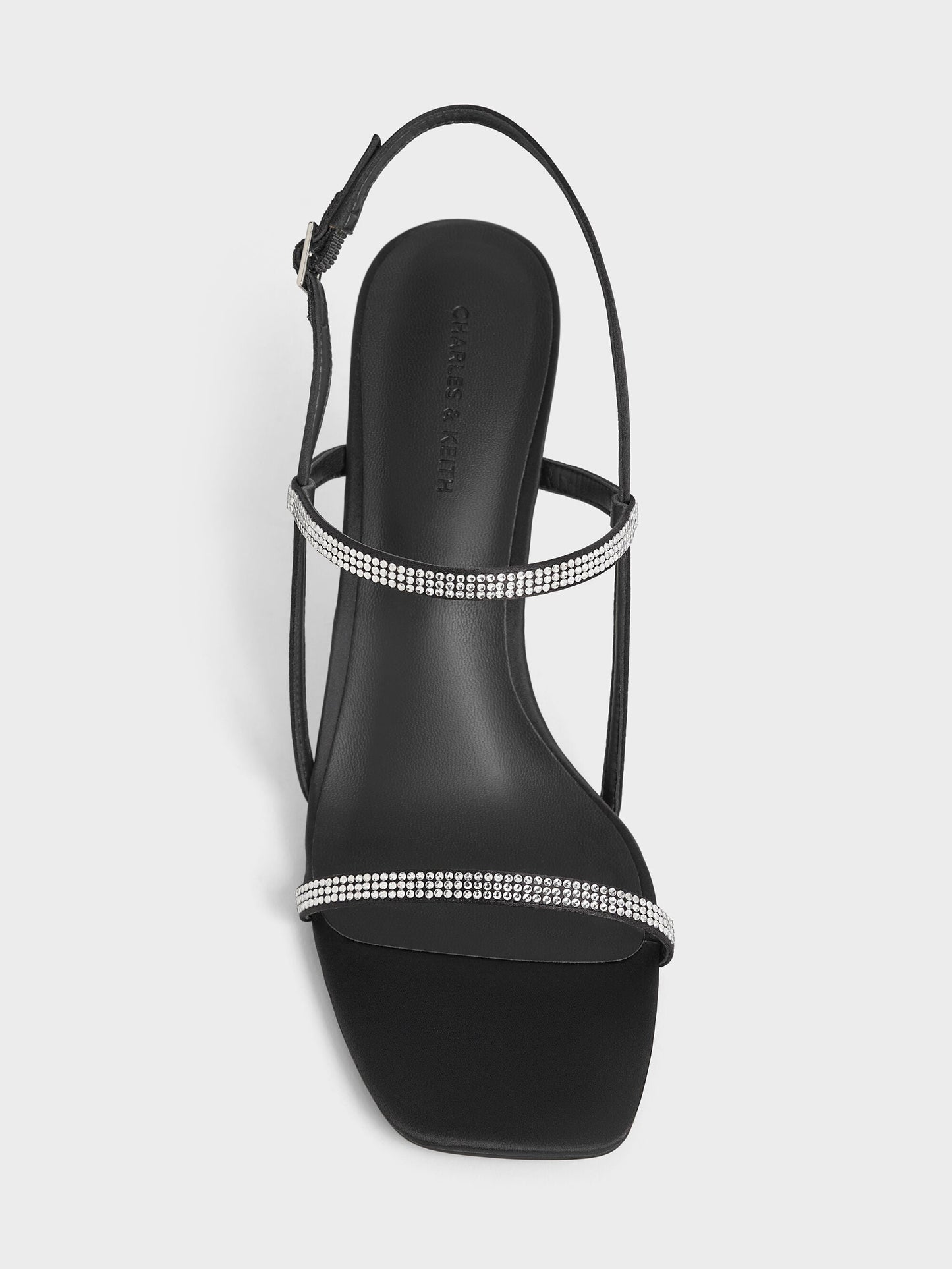 Arona Satin Crystal Stiletto Sandals - Black Textured | CHARLES & KEITH