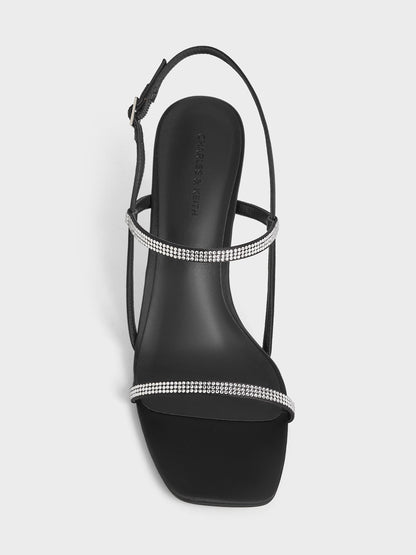Arona Satin Crystal Stiletto Sandals - Black Textured | CHARLES & KEITH