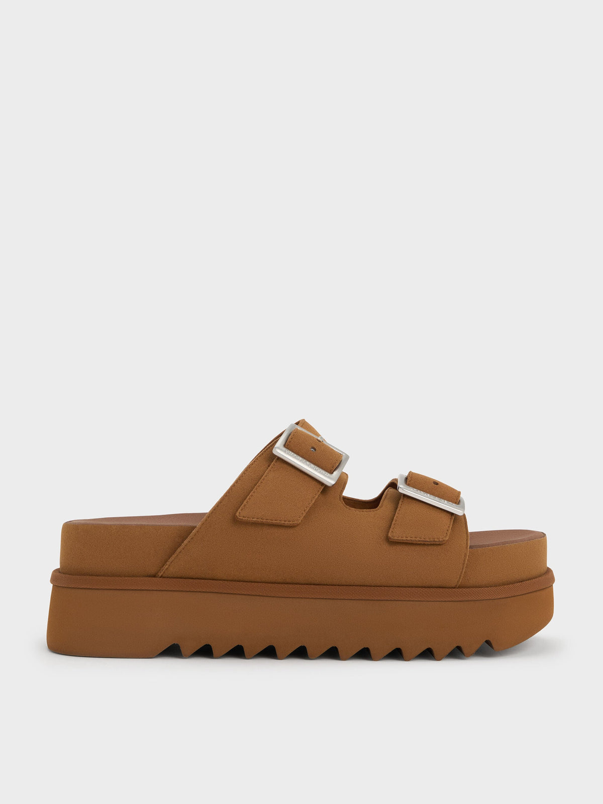 Buckled Double-Strap Flatform Sandals - Brown | CHARLES & KEITH