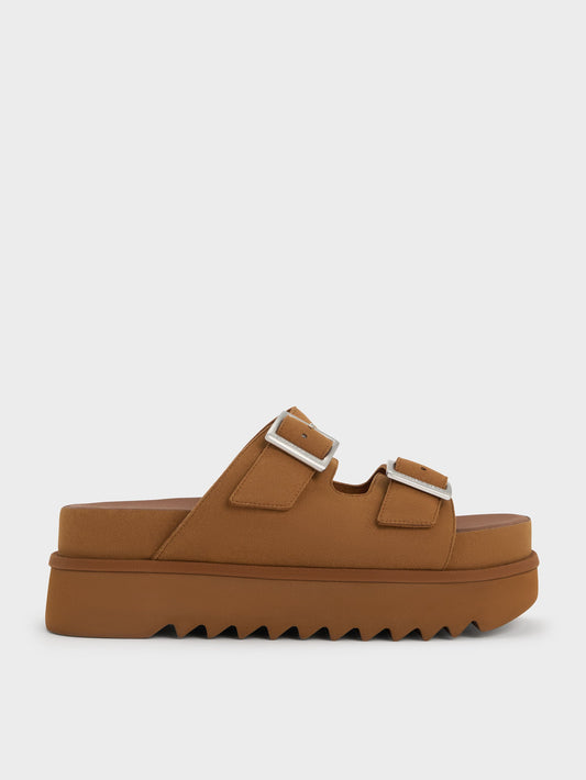 Buckled Double-Strap Flatform Sandals - Brown | CHARLES & KEITH