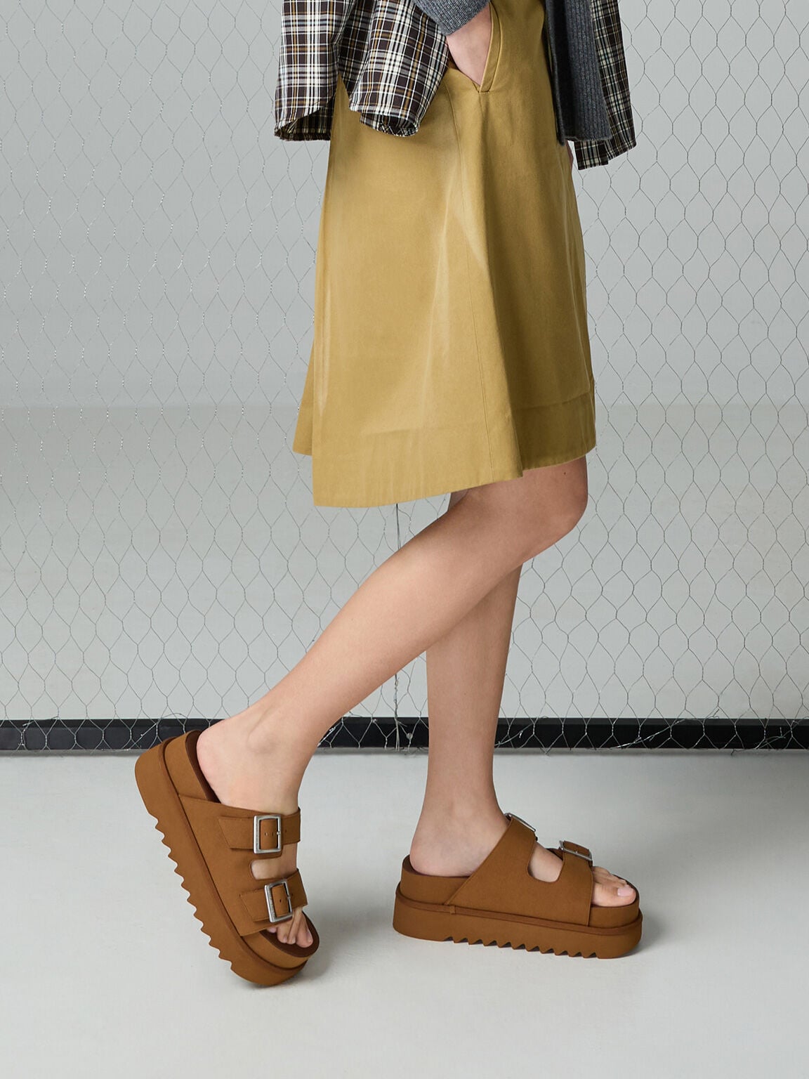 Buckled Double-Strap Flatform Sandals - Brown | CHARLES & KEITH