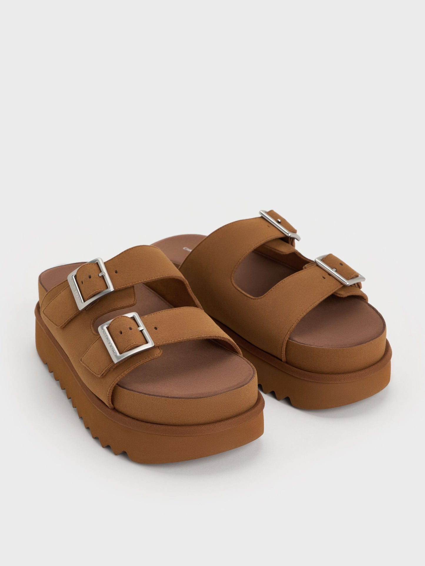 Buckled Double-Strap Flatform Sandals - Brown | CHARLES & KEITH