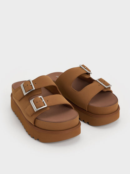 Buckled Double-Strap Flatform Sandals - Brown | CHARLES & KEITH