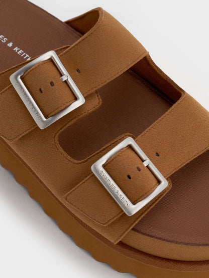 Buckled Double-Strap Flatform Sandals - Brown | CHARLES & KEITH