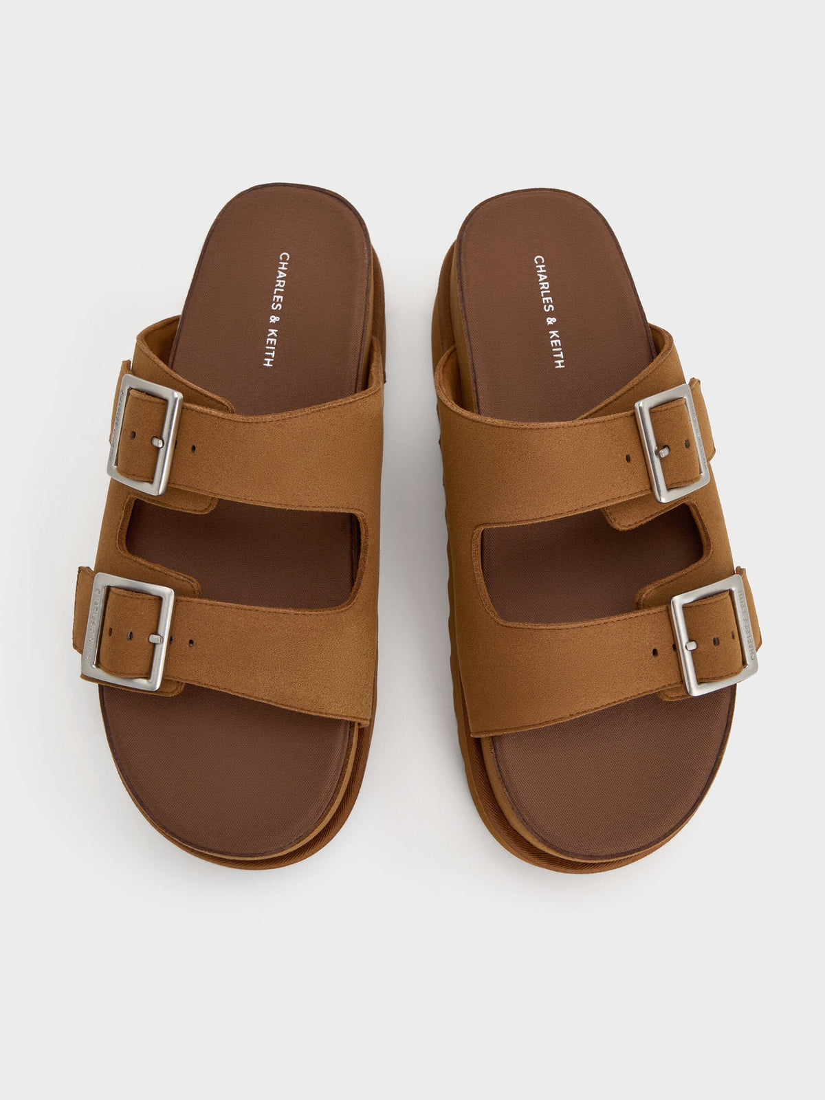Buckled Double-Strap Flatform Sandals - Brown | CHARLES & KEITH