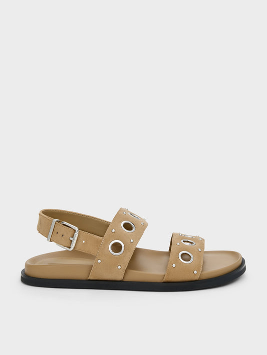 Faux Suede Grommet Slingback Sandals - Sand | CHARLES & KEITH