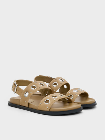 Faux Suede Grommet Slingback Sandals - Sand | CHARLES & KEITH