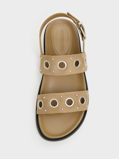Faux Suede Grommet Slingback Sandals - Sand | CHARLES & KEITH