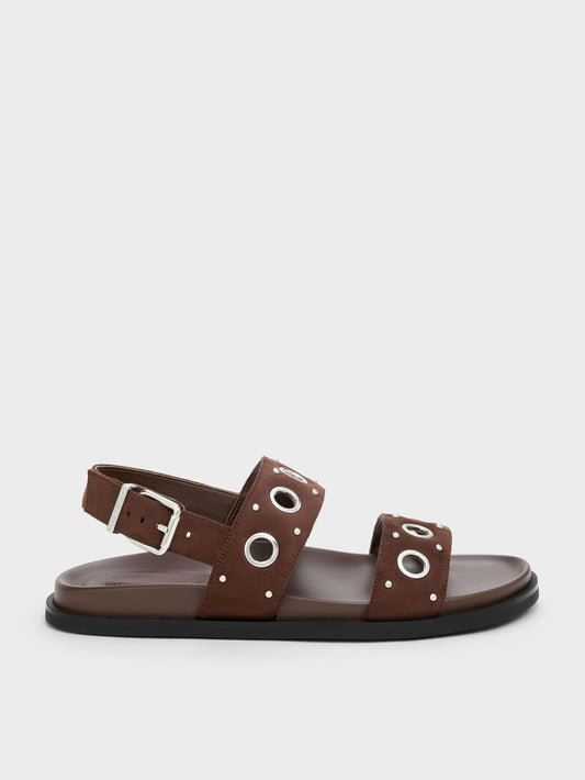 Faux Suede Grommet Slingback Sandals - Dark Brown Textured | CHARLES & KEITH