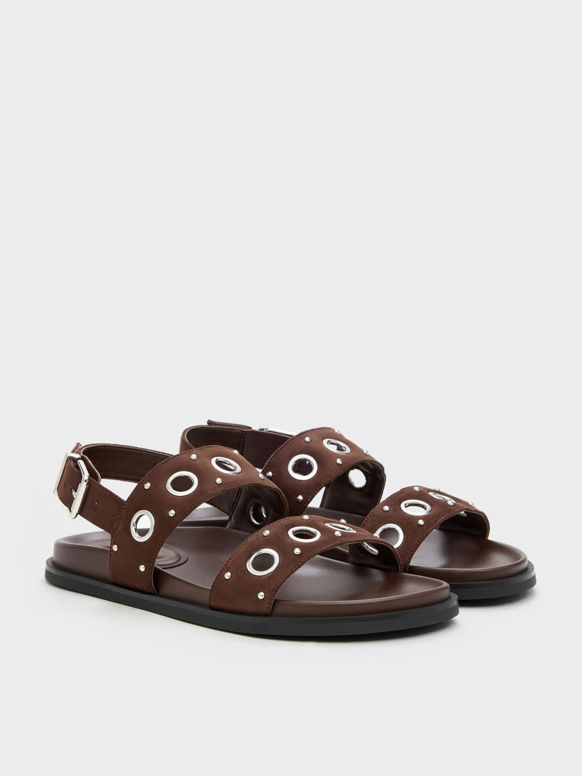 Faux Suede Grommet Slingback Sandals - Dark Brown Textured | CHARLES & KEITH