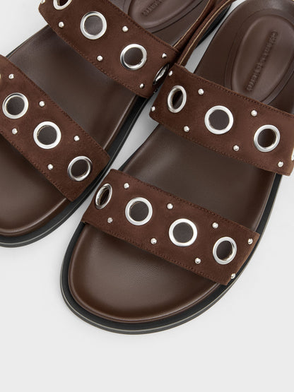Faux Suede Grommet Slingback Sandals - Dark Brown Textured | CHARLES & KEITH