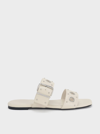 Grommet Buckled Slides - Chalk | CHARLES & KEITH