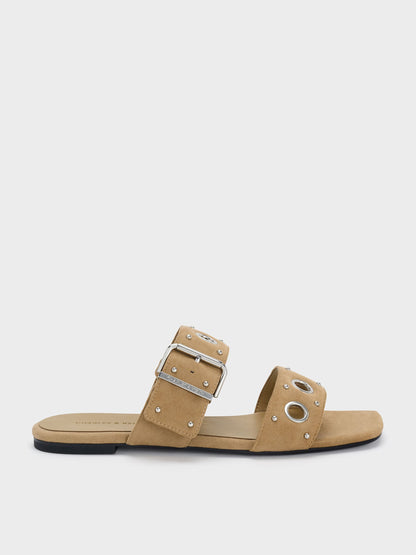 Faux Suede Grommet Buckled Slides - Sand | CHARLES & KEITH