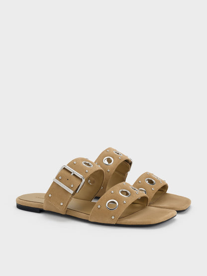 Faux Suede Grommet Buckled Slides - Sand | CHARLES & KEITH