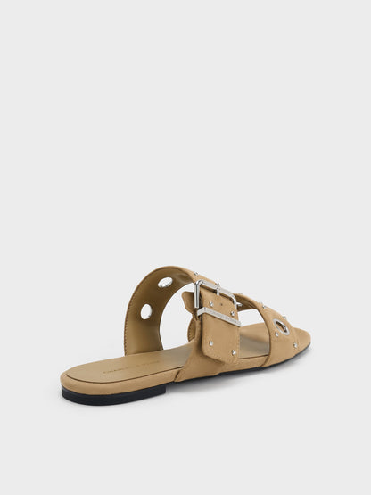 Faux Suede Grommet Buckled Slides - Sand | CHARLES & KEITH