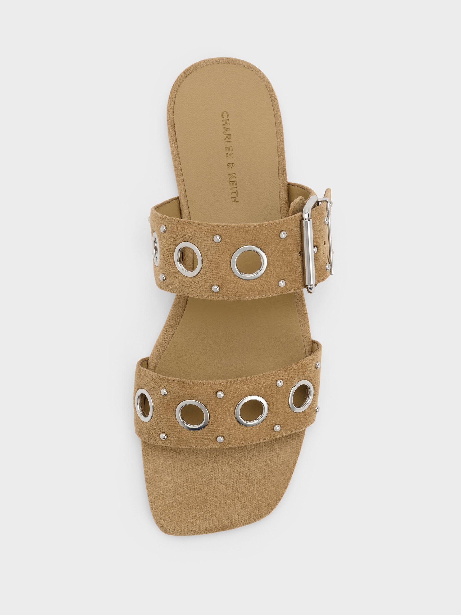 Faux Suede Grommet Buckled Slides - Sand | CHARLES & KEITH
