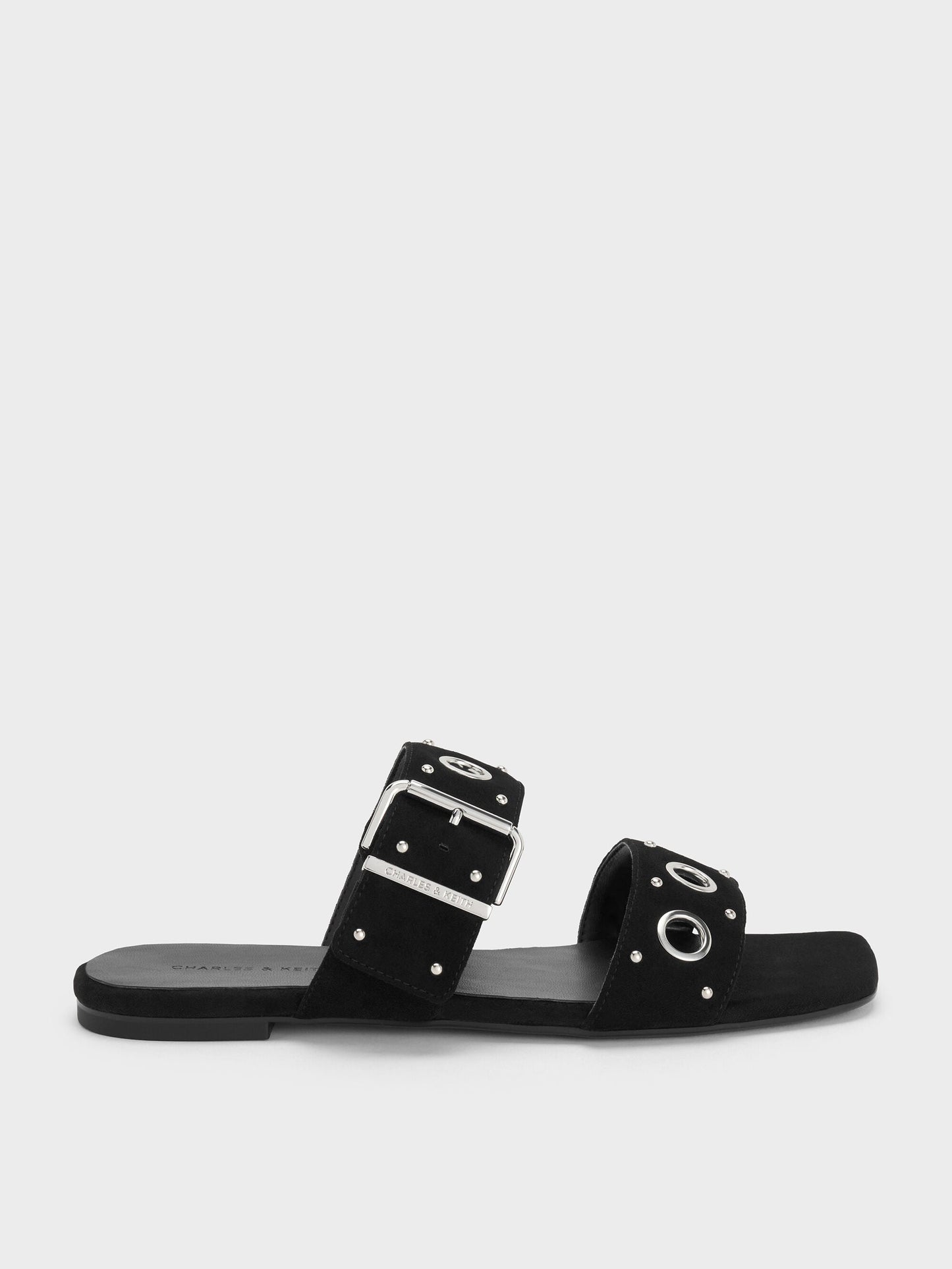 Faux Suede Grommet Buckled Slides - Black Textured | CHARLES & KEITH