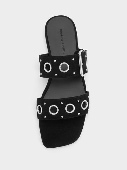 Faux Suede Grommet Buckled Slides - Black Textured | CHARLES & KEITH