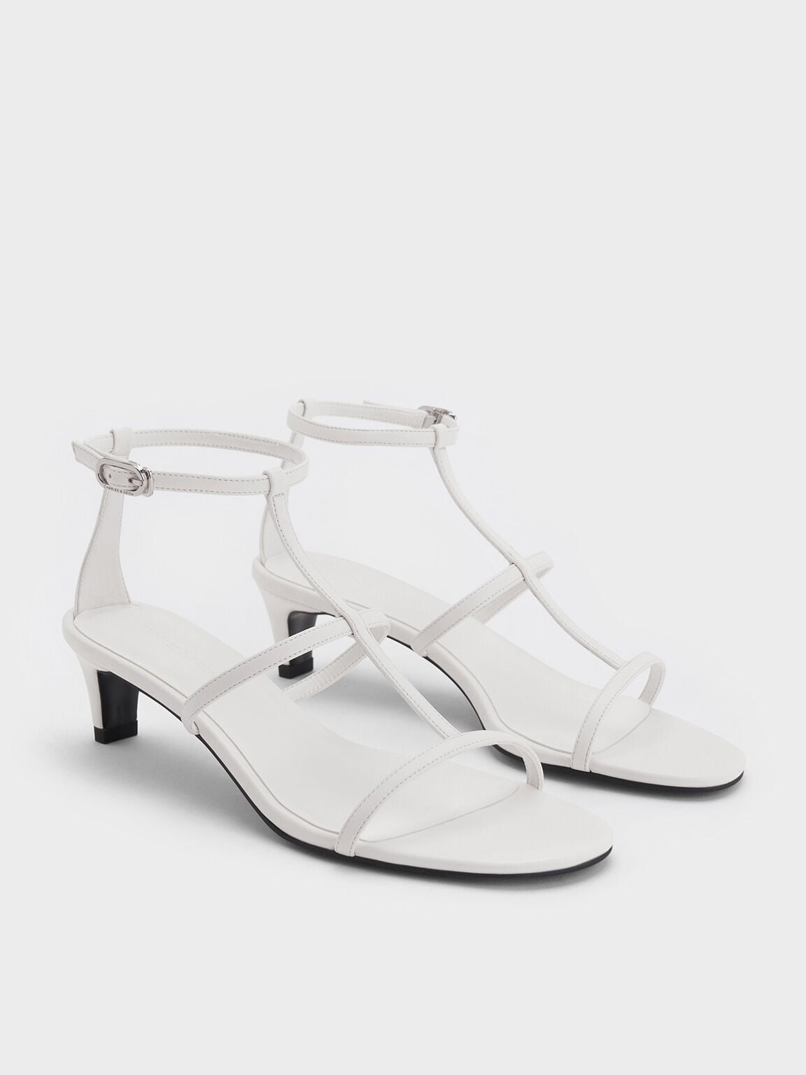 T-Bar Kitten-Heel Ankle-Strap Sandals - White | CHARLES & KEITH