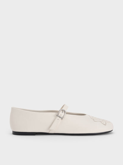 Perforated Rose Mary Janes - Chalk | CHARLES & KEITH