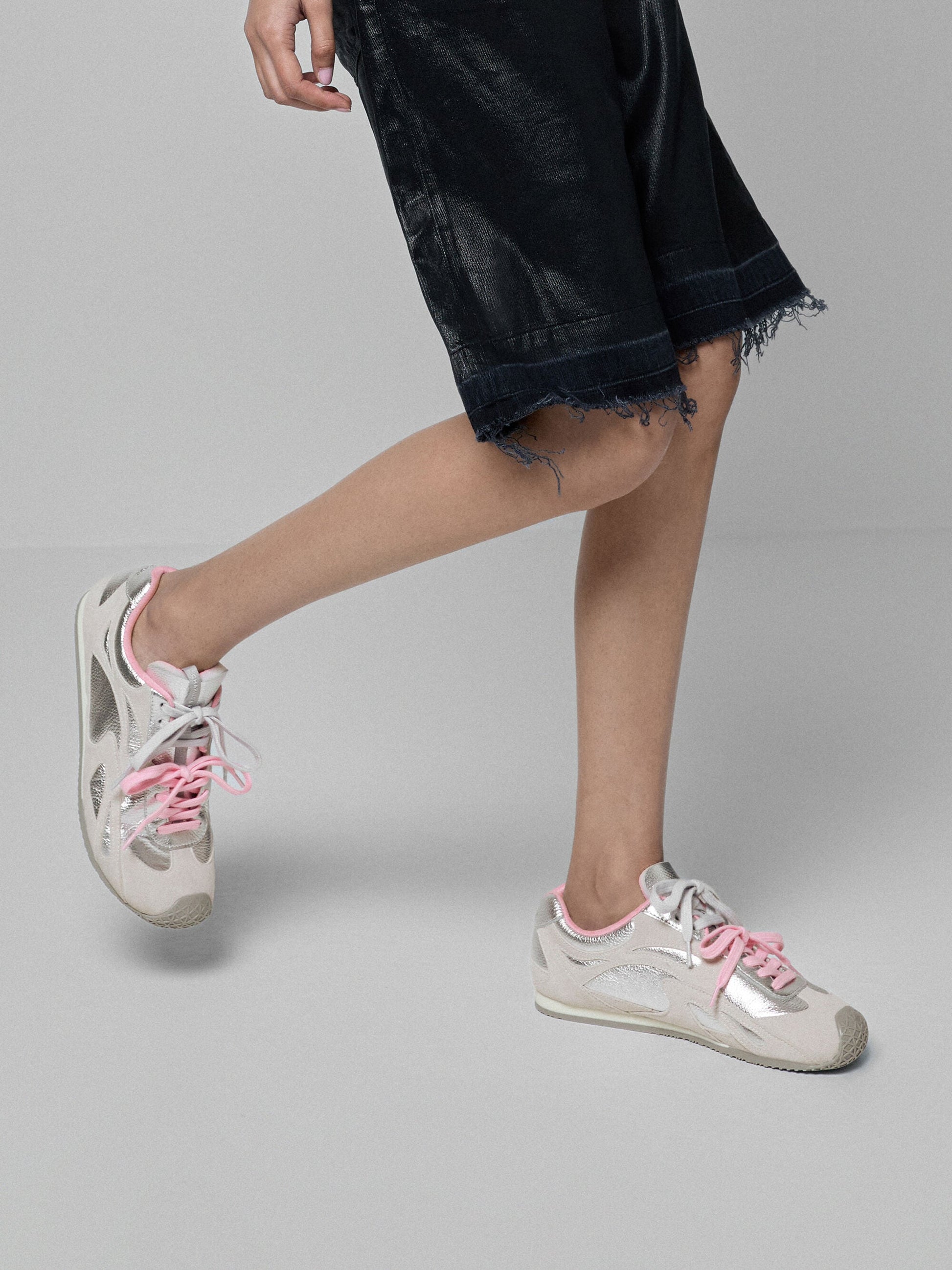 Metallic Leather & Suede Double-Lace Sneakers - Silver | CHARLES & KEITH