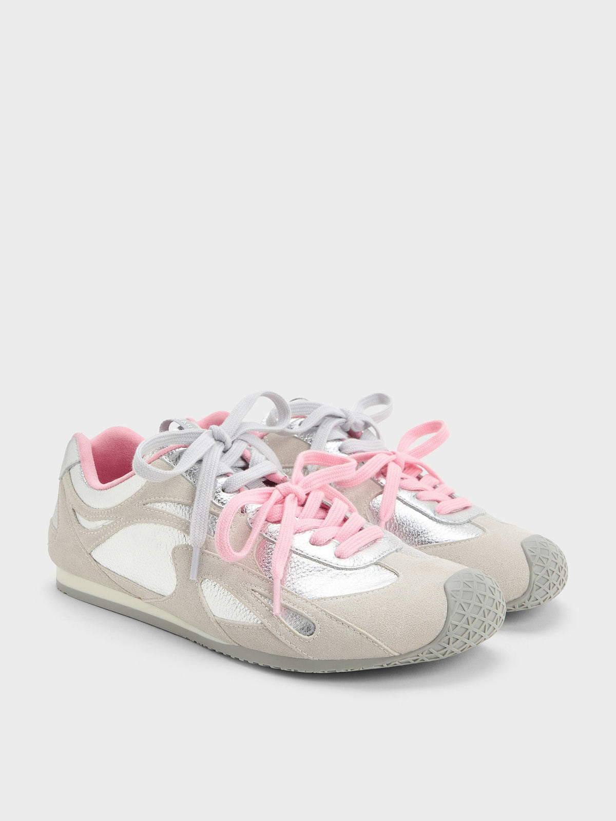 Metallic Leather & Suede Double-Lace Sneakers - Silver | CHARLES & KEITH