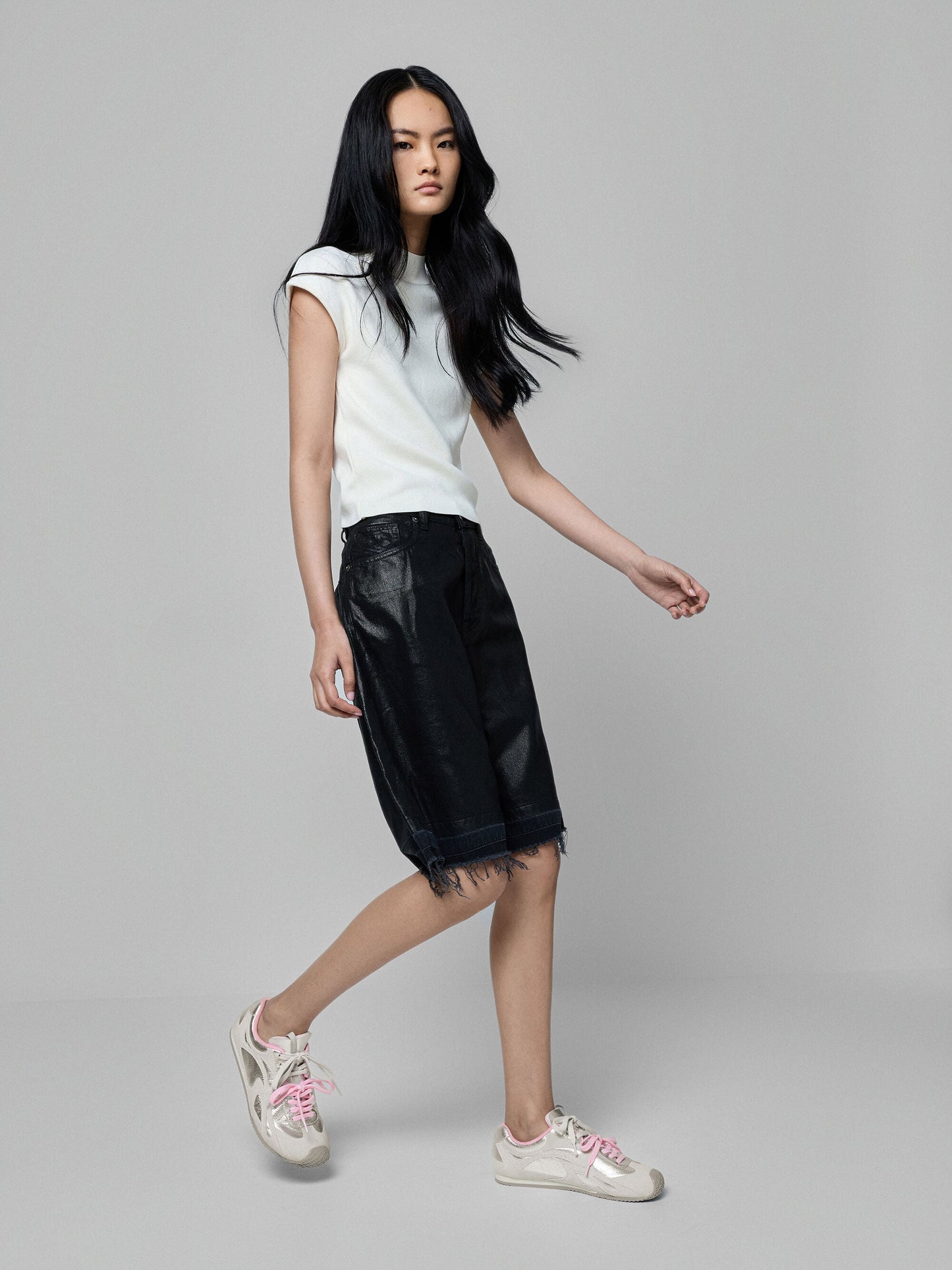 Metallic Leather & Suede Double-Lace Sneakers - Silver | CHARLES & KEITH