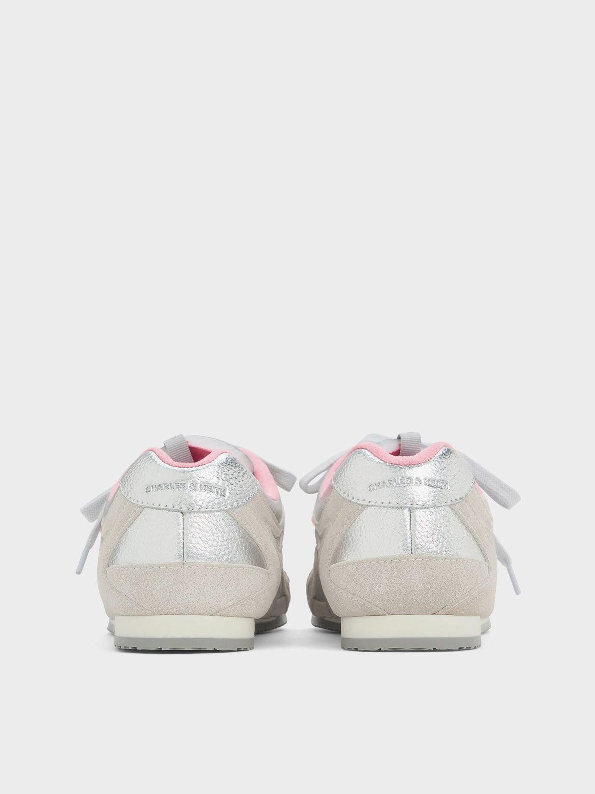Metallic Leather & Suede Double-Lace Sneakers - Silver | CHARLES & KEITH