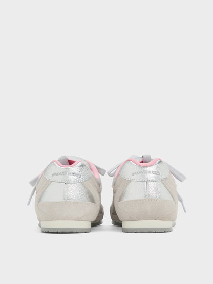 Metallic Leather & Suede Double-Lace Sneakers - Silver | CHARLES & KEITH