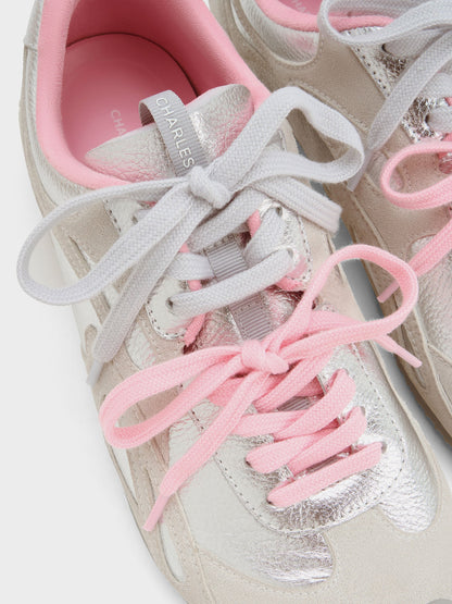 Metallic Leather & Suede Double-Lace Sneakers - Silver | CHARLES & KEITH