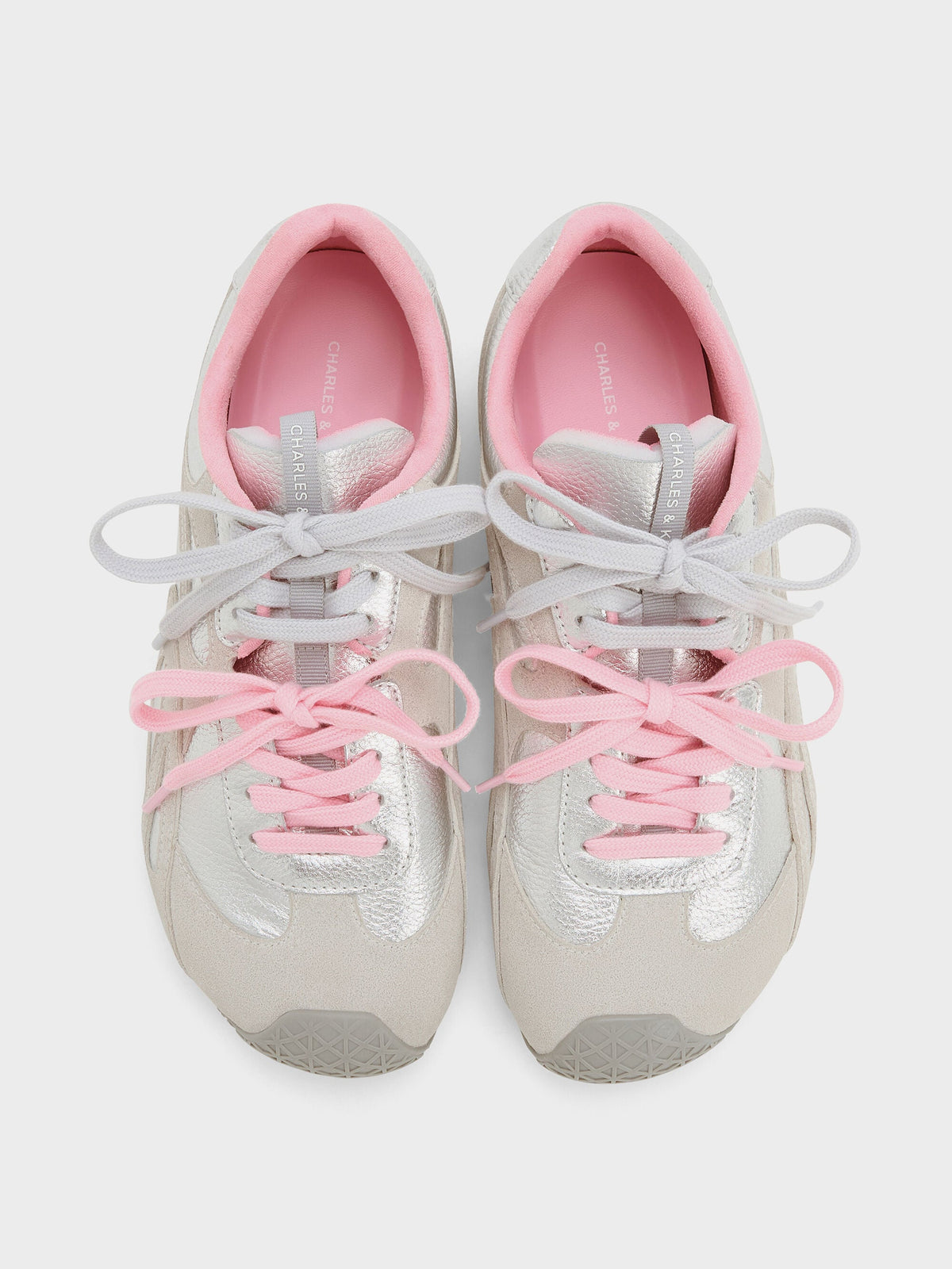 Metallic Leather & Suede Double-Lace Sneakers - Silver | CHARLES & KEITH