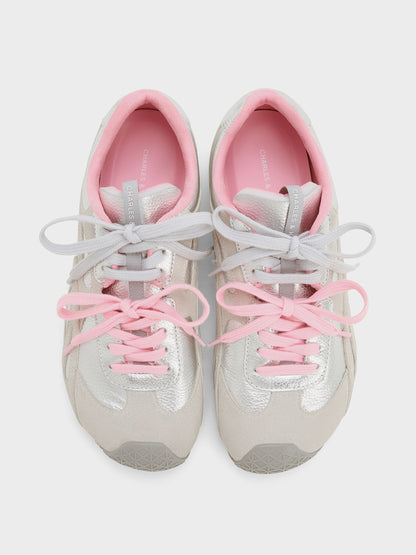 Metallic Leather & Suede Double-Lace Sneakers - Silver | CHARLES & KEITH