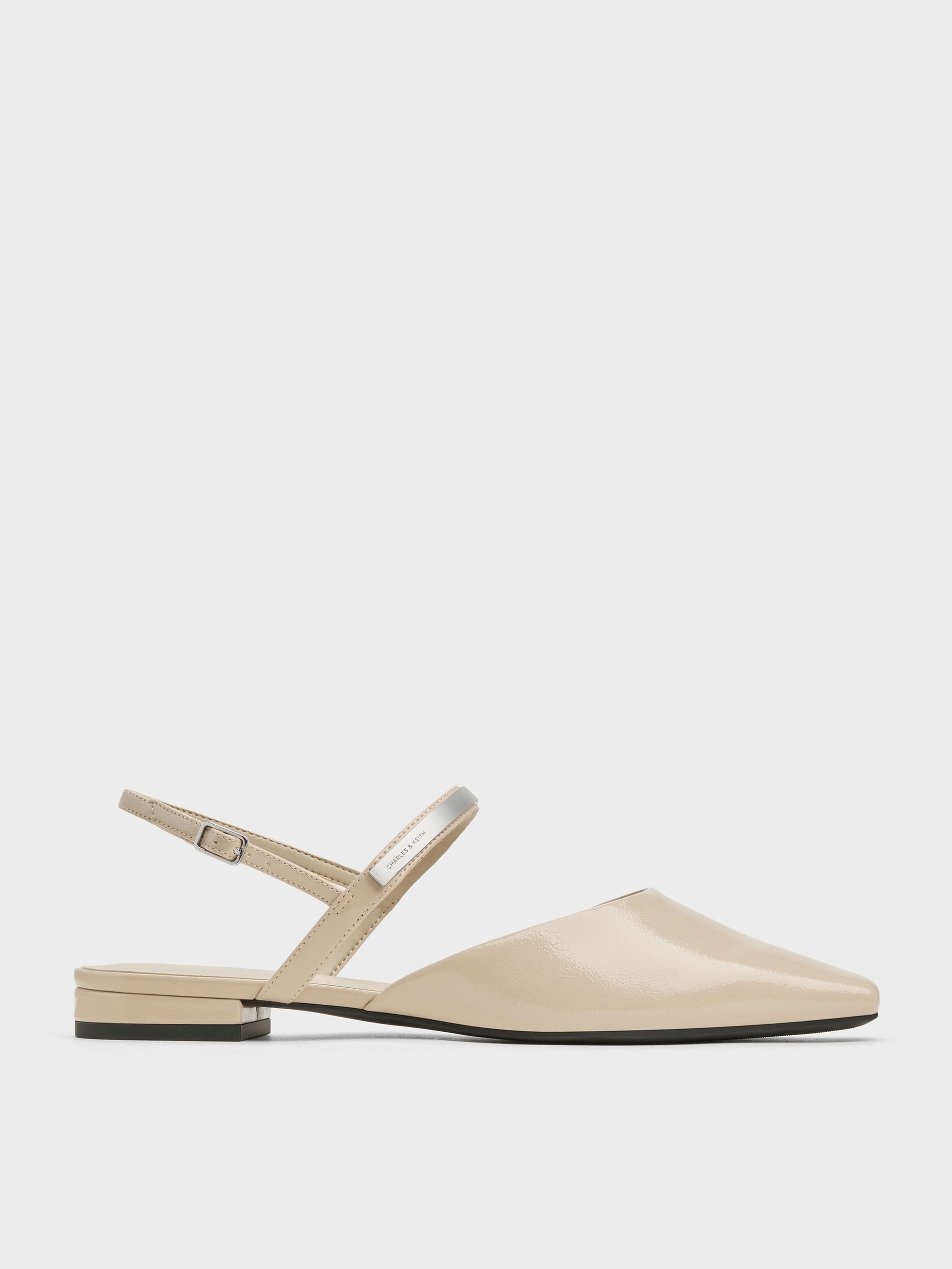 Patent Metallic-Bar Slingback Flats - Beige | CHARLES & KEITH