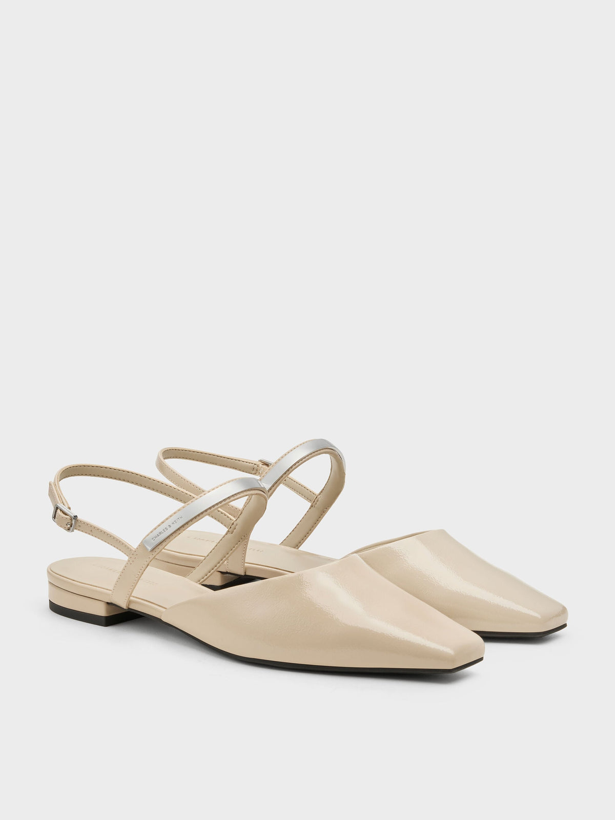Patent Metallic-Bar Slingback Flats - Beige | CHARLES & KEITH