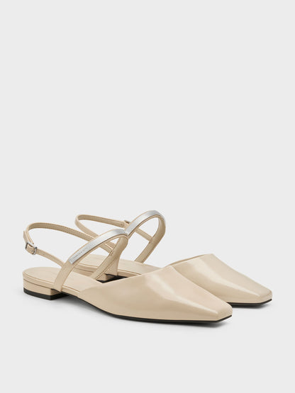 Patent Metallic-Bar Slingback Flats - Beige | CHARLES & KEITH