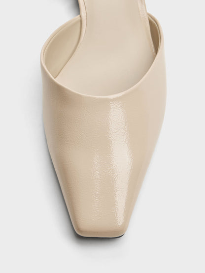 Patent Metallic-Bar Slingback Flats - Beige | CHARLES & KEITH