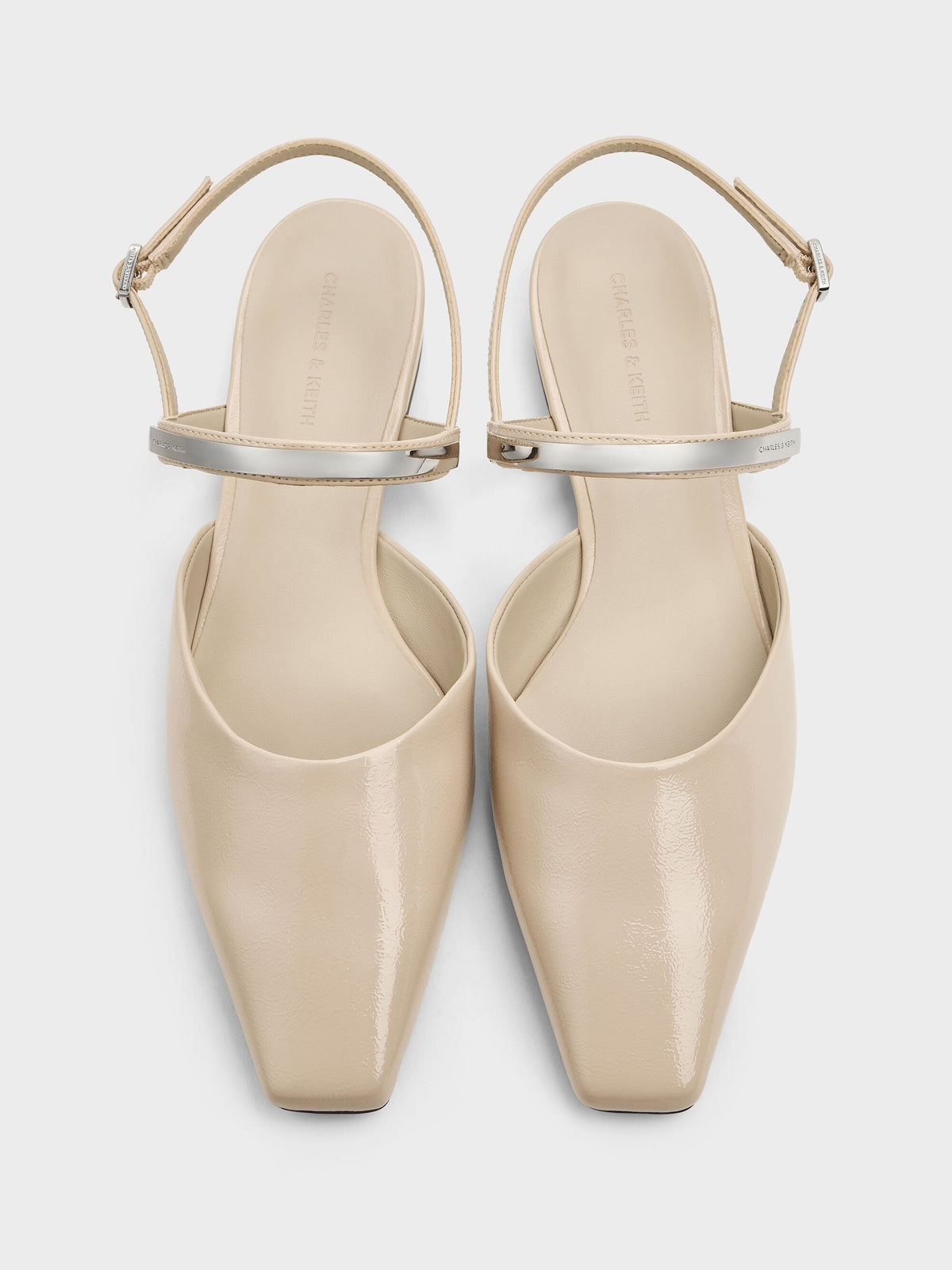 Patent Metallic-Bar Slingback Flats - Beige | CHARLES & KEITH