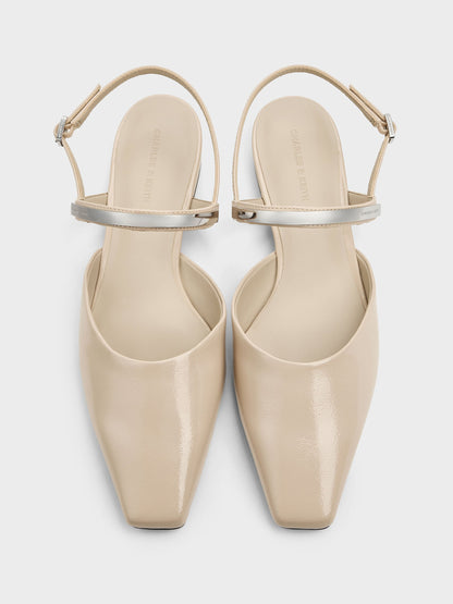 Patent Metallic-Bar Slingback Flats - Beige | CHARLES & KEITH
