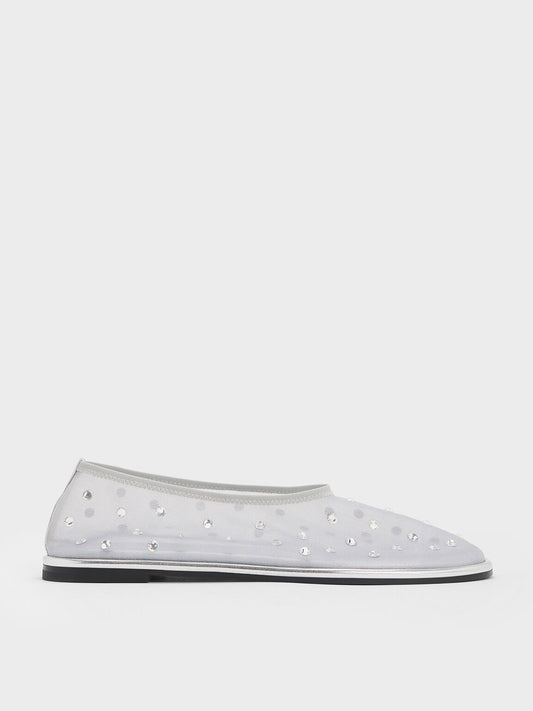 Mesh Gem-Embellished Ballet Flats - Silver | CHARLES & KEITH