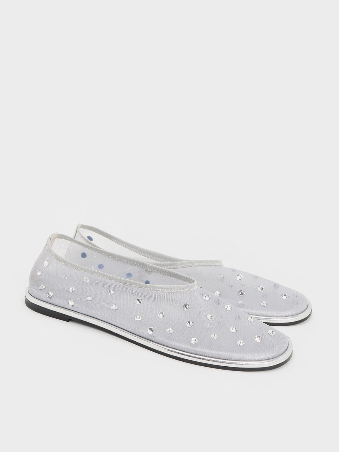 Mesh Gem-Embellished Ballet Flats - Silver | CHARLES & KEITH